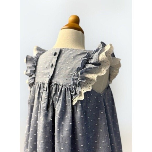 Blue Polka Dot Girls Dress Lace Trim Bow Ruffle Sleeves Classic VTG Inspired 4T - Picture 7 of 8